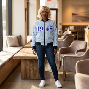 Zeta Amicae 1948 Bomber Jacket | Light Blue Polka Dot