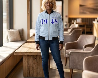 Zeta Amicae 1948 Bomber Jacket | Light Blue Polka Dot