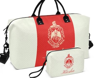 Delta Sigma Theta Crimson Stripe Duffel Bag Set with Matching Cosmetic Bag