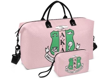 Alpha Kappa Alpha Weekender Bag | Pink & Green AKA  Travel Tote | Sorority Gift Free Cosmetic Bag