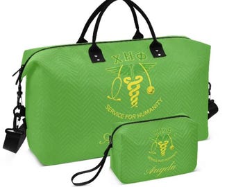 Chi Eta Phi Weekender Bag Set – Personalized Green & Gold Nurse Sorority Travel Tote