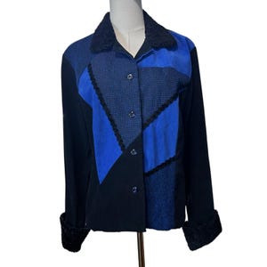 Ali Miles VTG Patchwork Jacket Coat w/ Faux Fur Sz LG Black Blue USA Artsy 90's