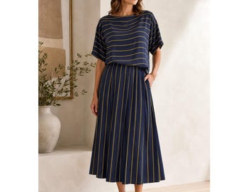 Vintage Liz Claiborne Seidenbluse und Faltenrock-Set aus den 90er Jahren, marineblau-gold gestreift, Größe 8