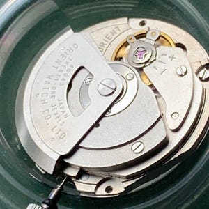 May include: Detailed view of a watch mechanism, revealing its complex internal workings. The silver components are marked with "Orient Watch Co. Japan" and "Twenty-One Jewels." A black stem with a textured crown is present. The background is a translucent green.