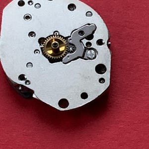 May include: Close-up of a watch movement component. The silver-colored piece has multiple holes and a gold-colored gear in the center. A small, silver-colored lever is also visible. The background is a solid red color.