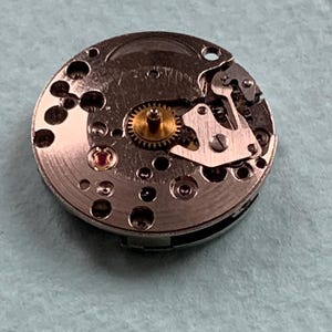 May include: Close-up of a silver watch movement with a gold gear and a red jewel. The movement is on a white surface.