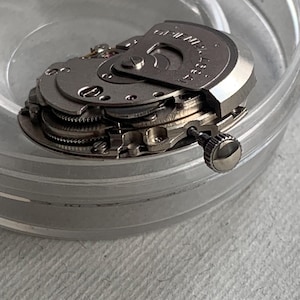 Pu&ograve; includere: Primo piano di un movimento di orologio, con ingranaggi e componenti intricati. Le parti metalliche sono argentate, con la scritta "ORIENT" visibile su una placca circolare. Il movimento &egrave; all'interno di un contenitore trasparente e rotondo.