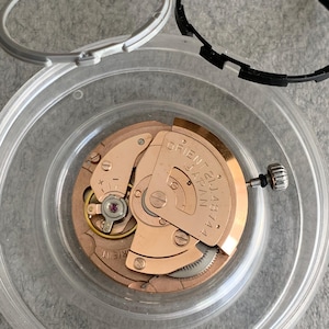Może przedstawiać: Zdemontowany mechanizm zegarka z mechanizmem w kolorze miedzi, przezroczystym plastikowym pojemnikiem i dwoma czarno-srebrnymi ramkami. Mechanizm zegarka ma napis "ORIENT JAPAN 21 JEWELS 46744A".