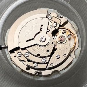 May include: A close-up of a Seiko watch movement. The mechanical components are visible, including gears, screws, and a balance wheel. The word "SEIKO" is printed on a metal plate. The movement is encased in a clear plastic container.