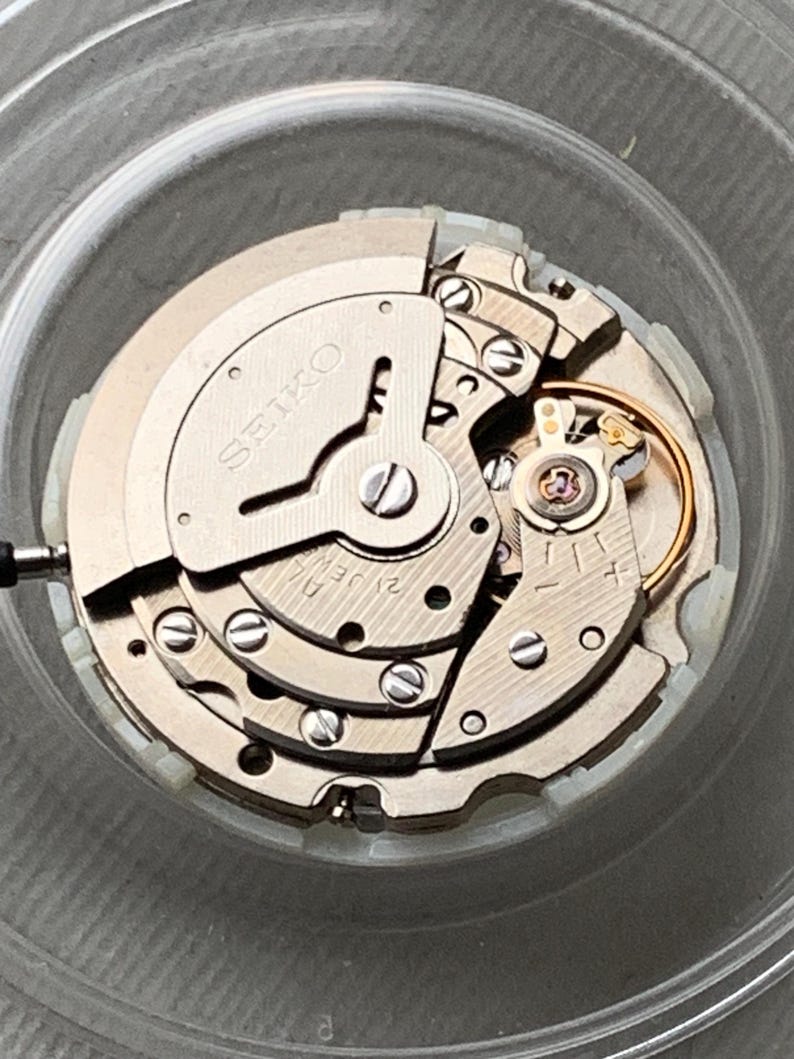 May include: A close-up of a Seiko watch movement. The mechanical components are visible, including gears, screws, and a balance wheel. The word "SEIKO" is printed on a metal plate. The movement is encased in a clear plastic container.