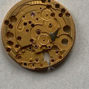 May include: Close-up of a gold-colored watch movement with intricate gears, holes, and small jewels. The circular mechanism has a complex design with various components and a partially cut-out section. The watch part is set against a neutral background.