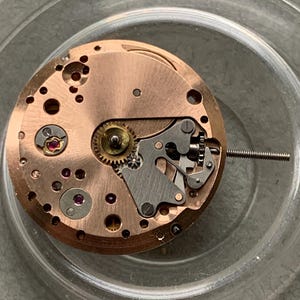May include: Close-up of a watch movement with copper-colored plates and various small gears and components. The intricate mechanism features silver-colored levers and a small ruby jewel. A threaded rod extends from the side.