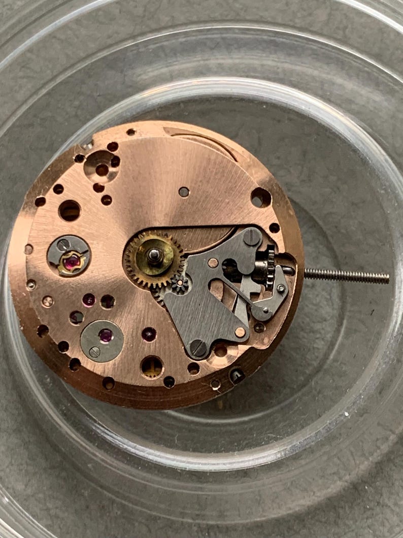May include: Close-up of a watch movement with copper-colored plates and various small gears and components. The intricate mechanism features silver-colored levers and a small ruby jewel. A threaded rod extends from the side.