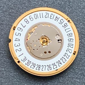 May include: A watch movement with a gold-colored outer ring and a white inner ring. Black numbers from 1 to 31 are printed around the inner ring. The center of the movement has a silver-colored mechanism.