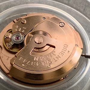 Puede incluir: Primer plano de un movimiento de reloj con engranajes y componentes dorados. El texto "ORIENT JAPAN 21J 48744" es visible en la placa principal. Una peque&ntilde;a joya roja est&aacute; engastada en el mecanismo.
