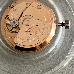 Puede incluir: Primer plano de un movimiento de reloj con engranajes y componentes dorados. Las palabras "ORIENT JAPAN" son visibles en una pieza curva. Una peque&ntilde;a joya roja est&aacute; engastada en el centro. El movimiento est&aacute; dentro de un recipiente de pl&aacute;stico transparente.