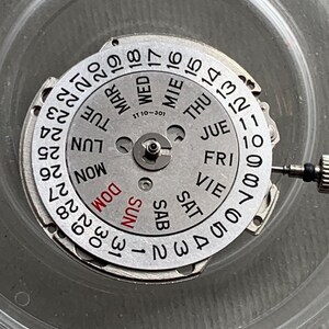 Pu&ograve; includere: Un movimento di orologio argentato con quadrante giorno e data. Il quadrante mostra i giorni della settimana in inglese e spagnolo, insieme ai numeri da 1 a 31. &Egrave; visibile anche il testo "ST 10-301".