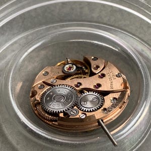 May include: Close-up of a watch movement with gold-colored metal components, gears, and jewels. The watch mechanism is labeled "EPER" and "SWISS MADE". The movement is inside a clear, round container.