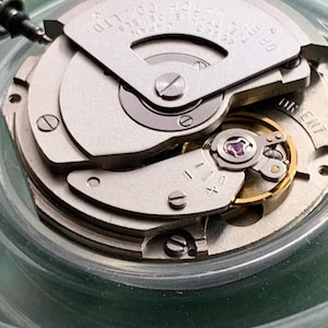 May include: Detailed view of a watch movement with silver and gold parts. The mechanism displays intricate gears, screws, and a balance wheel. The text "ORIENT WATCH CO., LTD." is visible on a silver plate. The watch is set in a clear, round container.