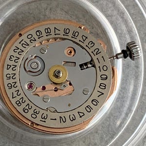 Puede incluir: Primer plano de un movimiento de reloj con una esfera plateada y dorada. La esfera presenta n&uacute;meros negros para la fecha, del 1 al 31. Se ve una peque&ntilde;a corona plateada, junto con varios engranajes y joyas. El movimiento est&aacute; dentro de un recipiente de pl&aacute;stico transparente.