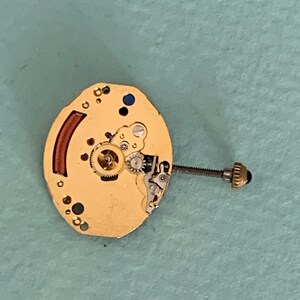 May include: A gold-colored watch movement with intricate gears, a red curved component, and a screw with a black head. The watch mechanism is oval-shaped and has small holes and blue accents. The image is taken from a top-down perspective.