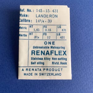 May include: A small, rectangular white card with black text. The card reads "RENAFLEX" and "A RENATA PRODUCT MADE IN SWITZERLAND." The card also includes technical specifications and measurements.