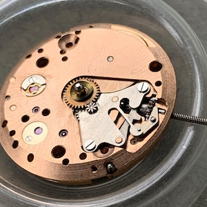 May include: Close-up of a watch movement, showcasing intricate gears, screws, and other components. The movement has a copper-colored base with silver and gold-toned parts. The image is taken inside a clear, circular container.