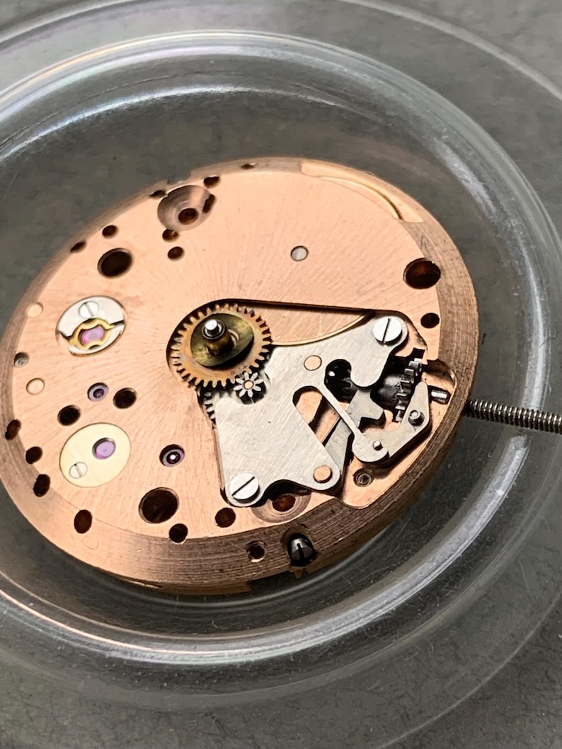 May include: Close-up of a watch movement, showcasing intricate gears, screws, and other components. The movement has a copper-colored base with silver and gold-toned parts. The image is taken inside a clear, circular container.
