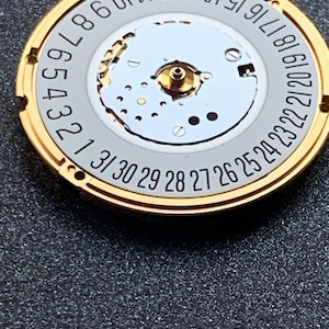 May include: Close-up of a watch movement with a gold-colored outer ring and a silver-colored inner dial. The dial features numbers from 1 to 31, indicating the days of the month. The intricate mechanical components are visible.