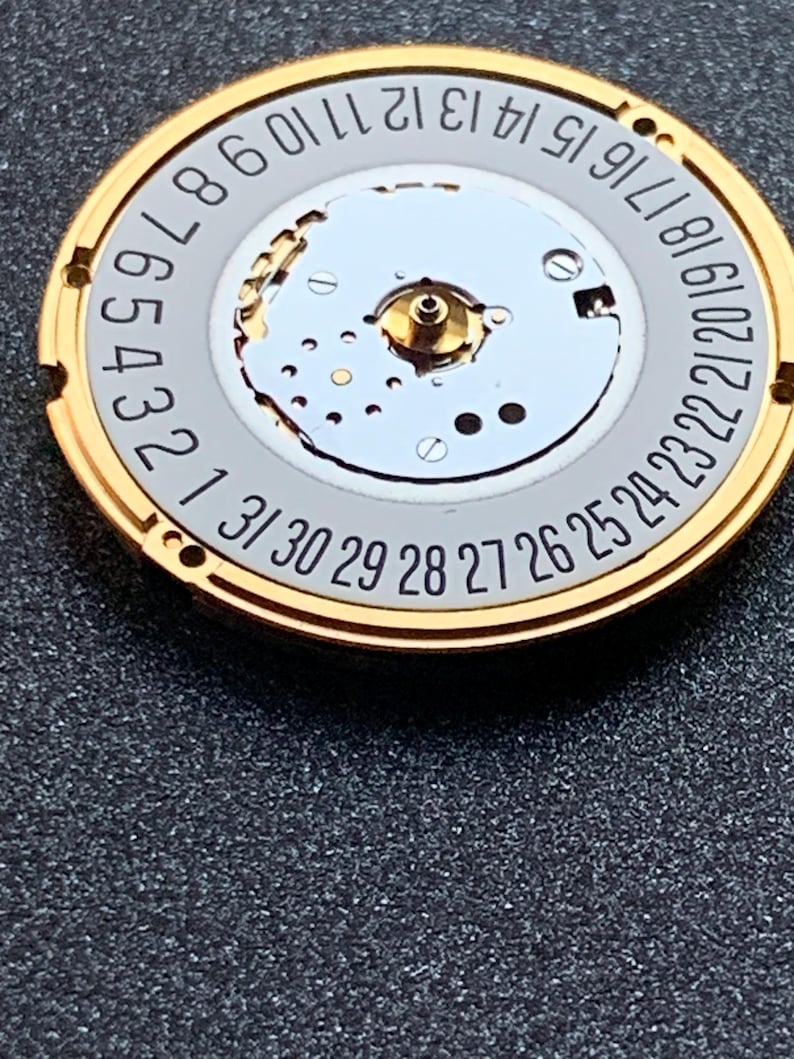 May include: Close-up of a watch movement with a gold-colored outer ring and a silver-colored inner dial. The dial features numbers from 1 to 31, indicating the days of the month. The intricate mechanical components are visible.