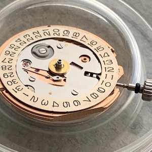 Puede incluir: Primer plano de un movimiento de reloj con una esfera de fecha circular. La esfera es beige con n&uacute;meros negros y un centro plateado. Una peque&ntilde;a herramienta est&aacute; colocada en el lado derecho. El mecanismo del reloj est&aacute; dentro de un recipiente de pl&aacute;stico transparente.