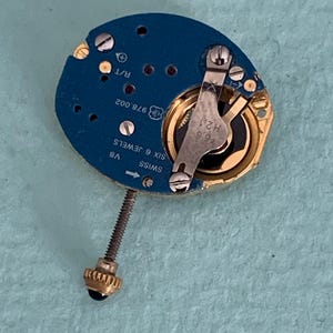 May include: A disassembled watch movement with a blue circuit board and gold-colored components. The board has text including "SWISS SIX 6 JEWELS" and "976.002". A screw and a small black and gold crown are also visible.