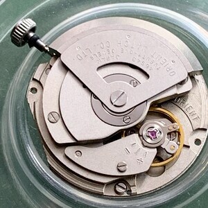 May include: Detailed view of a watch mechanism, showcasing intricate gears, screws, and a winding stem. The text "ORIENT WATCH CO. LTD" and "JAPAN" are present. The movement is silver-toned with a small, purple jewel.