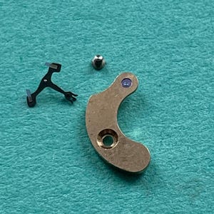 May include: A collection of watch parts, including a small screw, a curved brass-colored lever with a hole, and a black metal component with multiple prongs. The parts are arranged on a teal-colored surface.