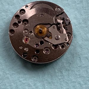 May include: A close-up of a silver watch movement with a gold gear and several small screws.