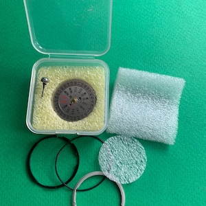 May include: A watch repair kit with various components. The kit includes a silver-colored watch dial with day and date indicators, a small screw, black rubber rings, and a clear plastic case. The items are on a green surface.