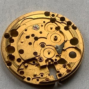 May include: Close-up of a gold-colored watch movement with intricate gears, springs, and jewels. The mechanical components are arranged in a circular pattern, showcasing the precision of the watch mechanism.