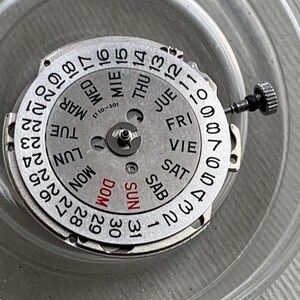 Pu&ograve; includere: Un movimento di orologio argentato con un quadrante del calendario che mostra i giorni della settimana in pi&ugrave; lingue. Il quadrante presenta i numeri da 1 a 31 e i giorni della settimana. Sono visibili una piccola corona e uno stelo. Il movimento &egrave; in un contenitore di plastica trasparente.