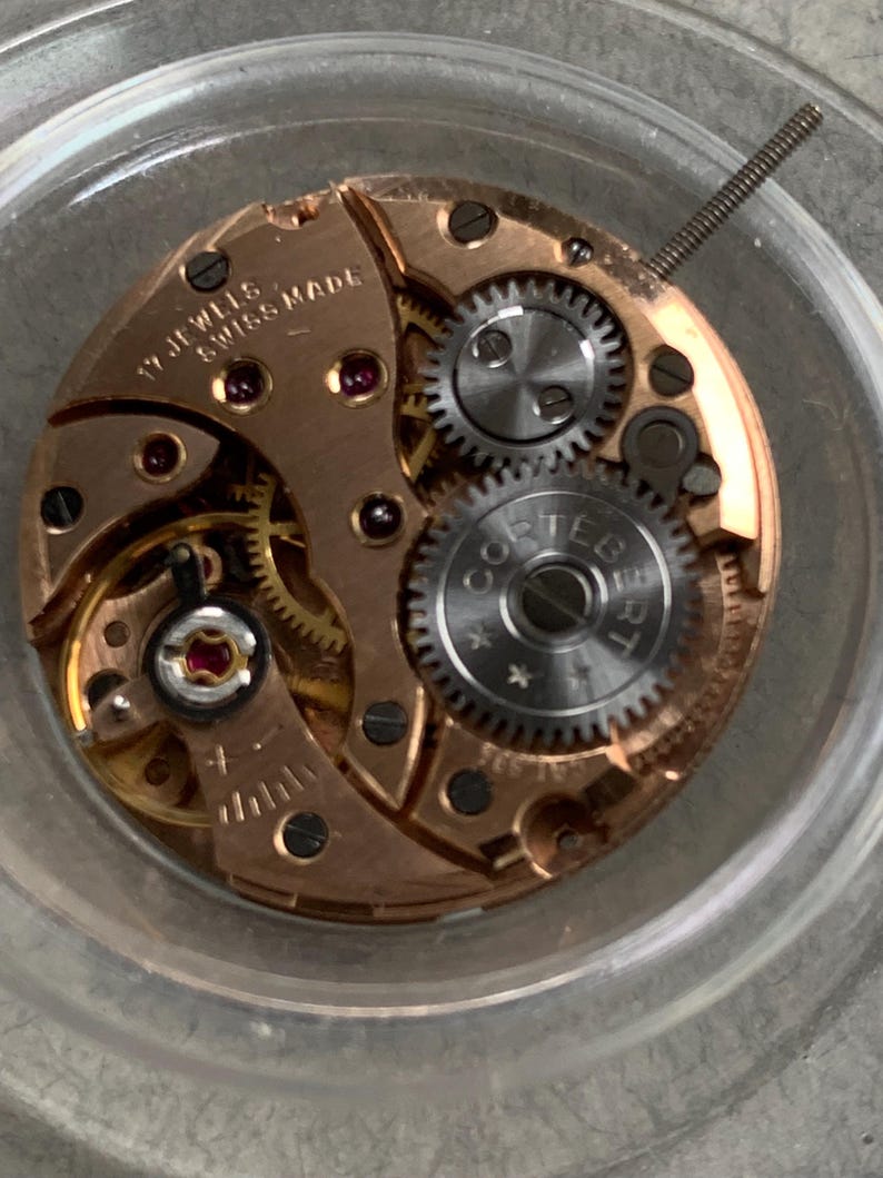 May include: Close-up of a watch movement with visible gears, screws, and jewels. The words "17 JEWELS SWISS MADE" are visible. The movement has a copper-colored base and silver-colored gears. The watch mechanism is inside a clear, round container.