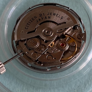 May include: A close-up of a Citizen watch movement with the text "CITIZEN 21 JEWELS JAPAN" visible. The watch mechanism is silver with gold-colored gears and a small screw. The movement is encased in a clear, circular container.