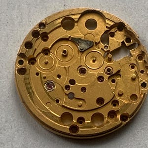 May include: Close-up of a gold-colored watch movement with intricate gears, wheels, and various components. The circular mechanism features numerous holes and a small, red jewel. The watch movement is a complex piece of machinery.
