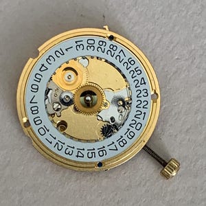 May include: A gold-toned watch movement with a light blue date dial. The dial features black numerals indicating the days of the month. A small screw and intricate internal gears are visible.