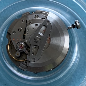 May include: A detailed view of a watch movement, featuring silver-toned gears, springs, and a balance wheel. The word "JAPAN" is stamped on a component. The mechanism is housed within a clear, circular container.