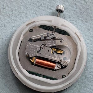 Puede incluir: Primer plano de un movimiento de reloj con el texto "UNADJUSTED MIYOTA CO. 2115 JAPAN". El movimiento presenta una bobina de cobre, engranajes plateados y una carcasa de pl&aacute;stico blanco. Se ve un tornillo plateado en la parte superior.