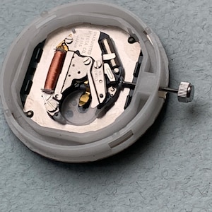 Puede incluir: Un movimiento de reloj en una carcasa de pl&aacute;stico blanco. El movimiento presenta una bobina de cobre, componentes met&aacute;licos plateados y el texto "MIYOTA CO. JAPAN 2115 UNADJUSTED NO JEWELS". Una peque&ntilde;a corona plateada est&aacute; adjunta.