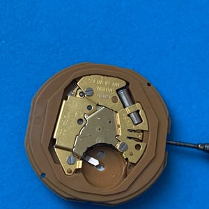 May include: Close-up of a watch movement with gold-colored metal components and a brown plastic casing. The text "JAPAN" and "1 JEWEL" are visible. A small screw is positioned to the right of the movement.