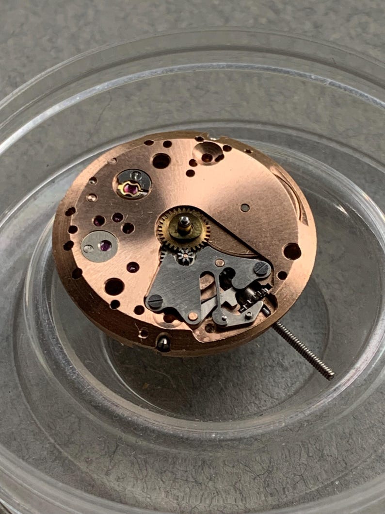 May include: Close-up of a watch movement with a copper-colored base and intricate gears. The mechanism includes silver-colored components and a small, protruding stem. The watch movement is set inside a clear, circular container.