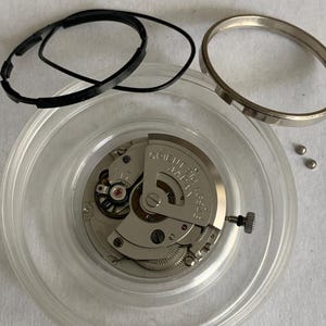 May include: A disassembled watch movement with various components. The main mechanism is silver-toned, marked "ORIENT JAPAN" and "46943".  Black rubber gaskets and a silver bezel ring are also present, along with small metal pins, all inside a clear plastic container.