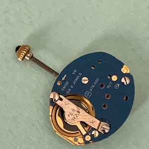 May include: A close-up of a watch movement with a blue base and gold-colored components. The text "SWISS SIX 6 JEWELS" is visible. A screw and a small gold-colored crown are attached to the movement.
