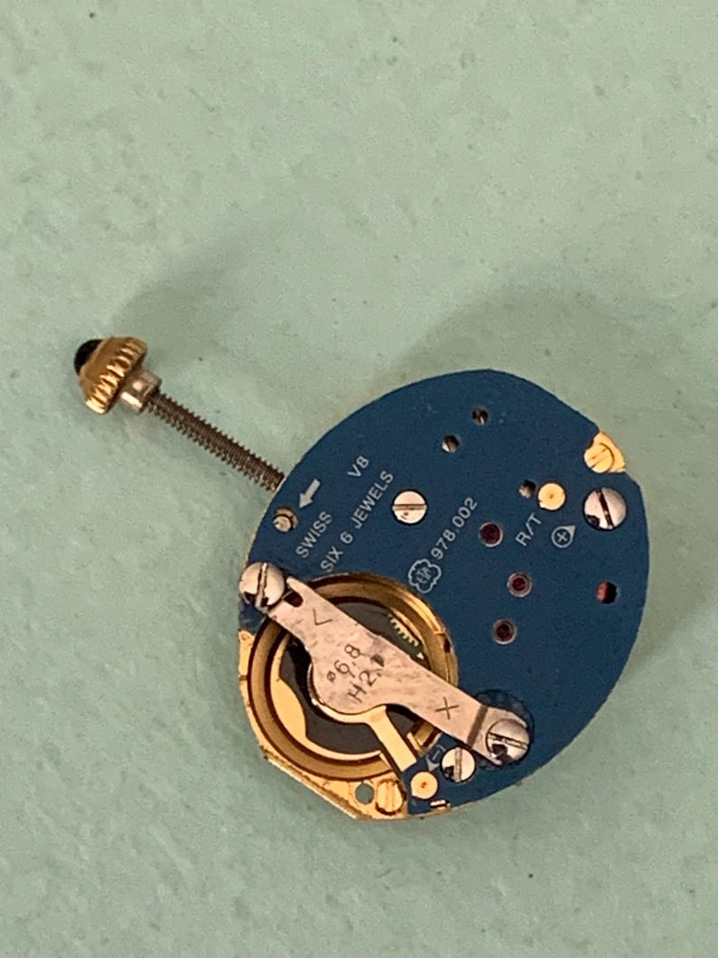May include: A close-up of a watch movement with a blue base and gold-colored components. The text "SWISS SIX 6 JEWELS" is visible. A screw and a small gold-colored crown are attached to the movement.